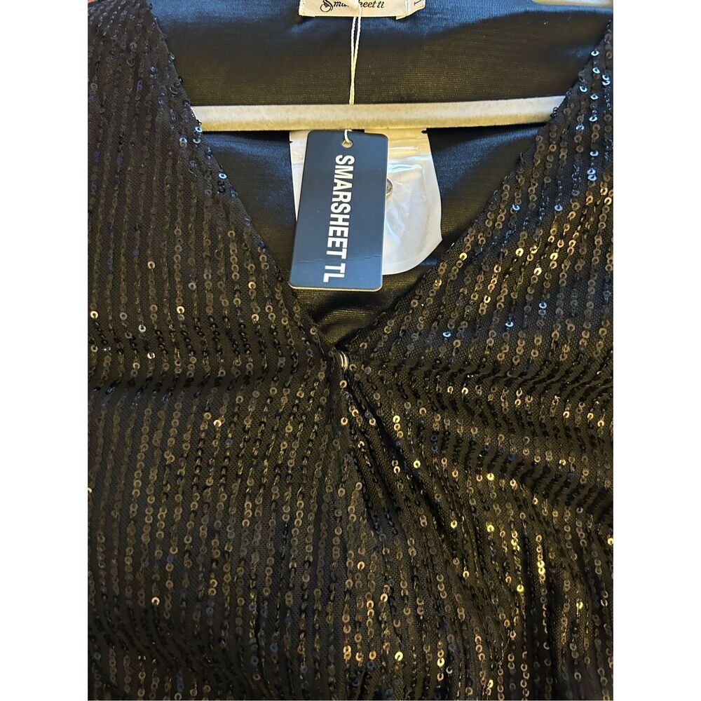 NEW Elegant Sequin Sheer Long Sleeve V Neck Slim Fit Top S - Picture 4 of 4